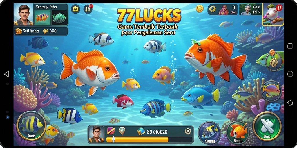 Tampilan gameplay seru dari 77LUCKS yang menampilkan aksi menembak ikan.