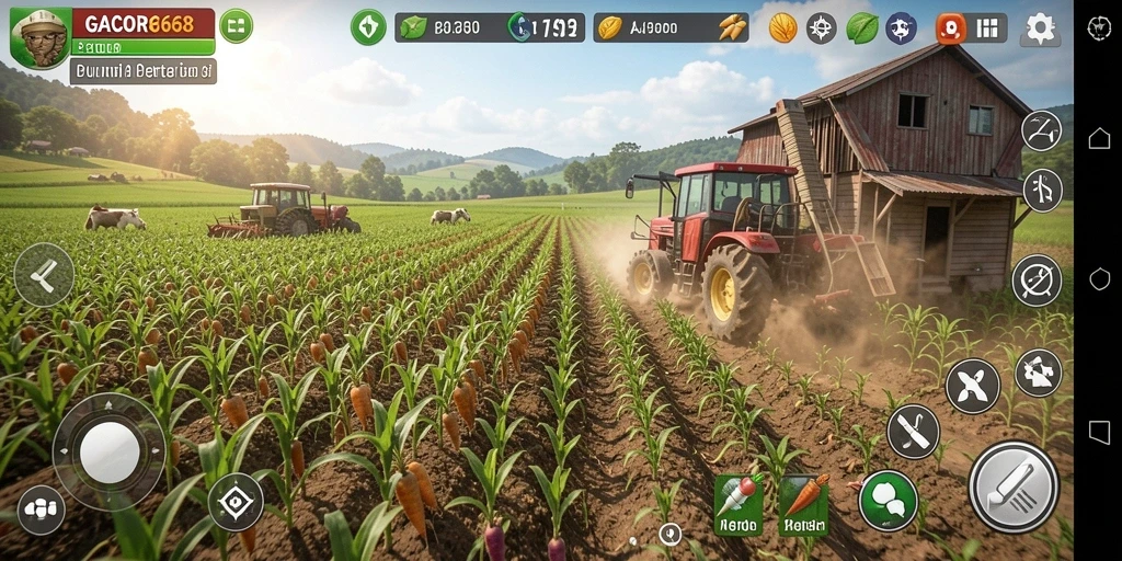 Gameplay seru GACOR668 dengan ladang subur dan tanaman beragam.