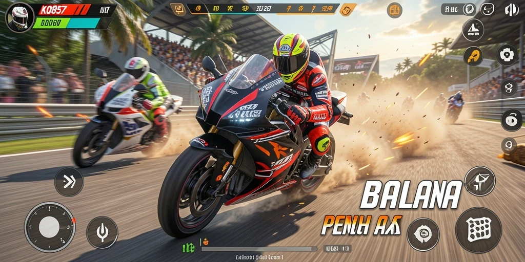 Tampilan gameplay seru dalam balapan motor yang mendebarkan.