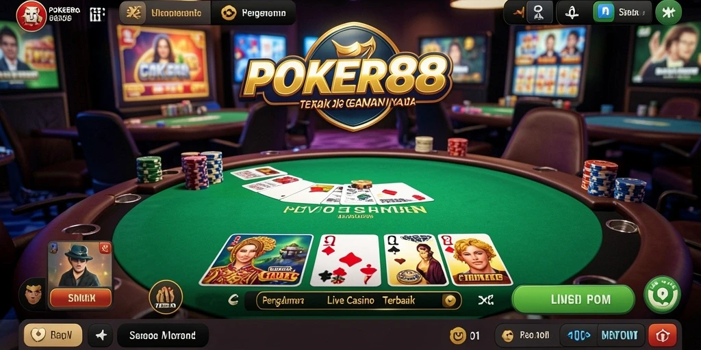 Screenshot gameplay POKER88 dengan dealer dan pemain di meja poker.