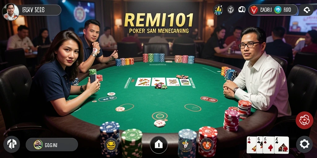 Layar gameplay REMI101 yang menampilkan aksi poker seru.